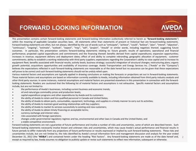 Disclaimer slide 2 from Aveda Transportation and Energy Services