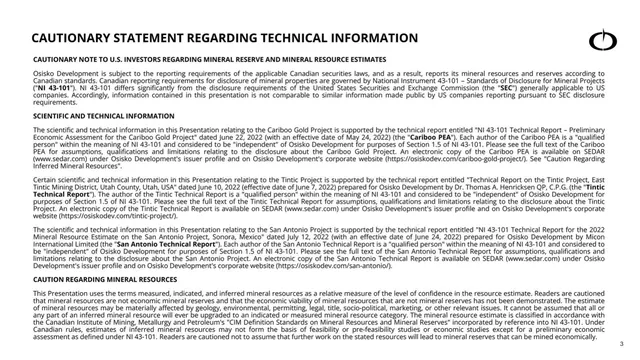 Disclaimer slide 3 from Osisko Development (ODV)
