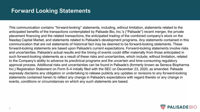 Disclaimer slide 2 from Palisade Bio