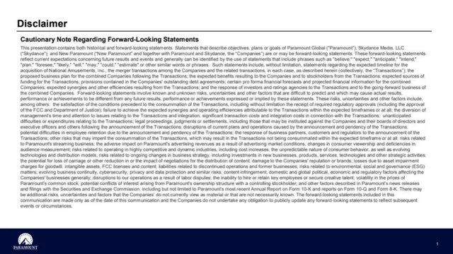 Disclaimer slide 2 from Skydance × Paramount Acquisition