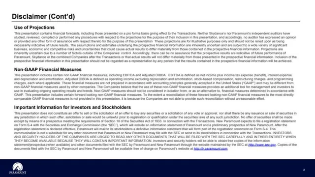Disclaimer slide 3 from Skydance × Paramount Acquisition