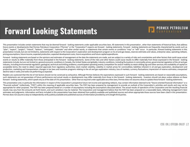 Disclaimer slide 2 from Permex Petroleum Corporation