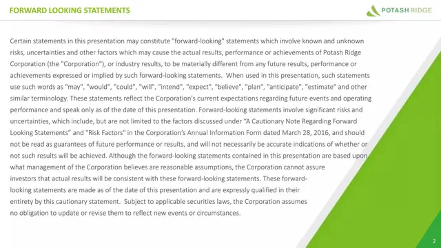 Disclaimer slide 2 from Potash Ridge