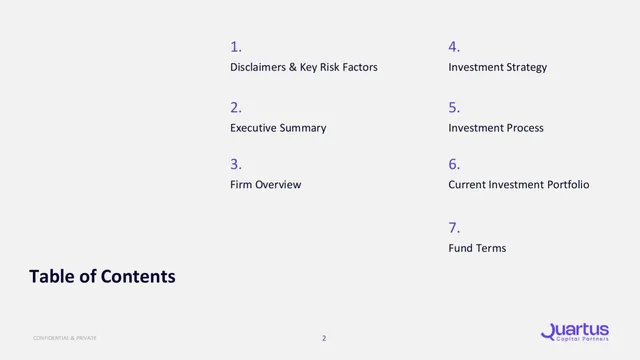 Agenda / contents slide 2 from Quartus Capital Partners