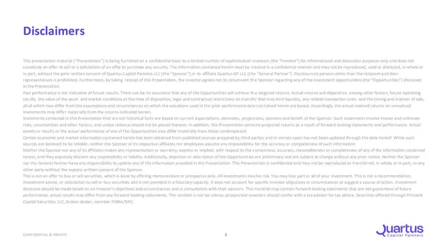 Disclaimer slide 3 from Quartus Capital Partners