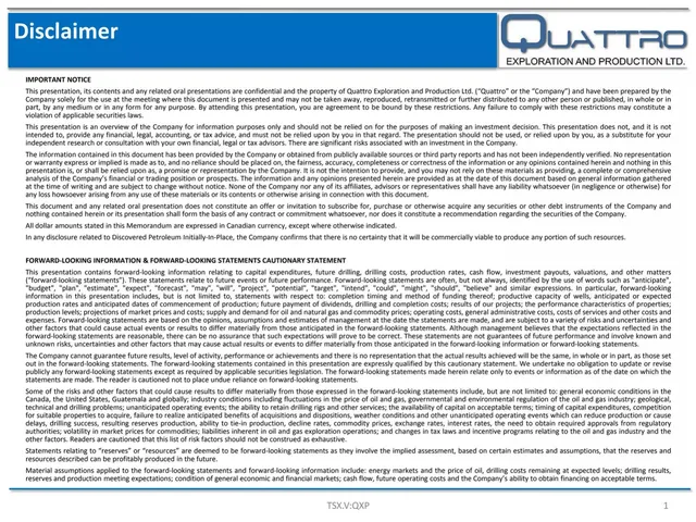 Disclaimer slide 2 from Quattro Exploration & Production