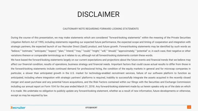 Disclaimer slide 3 from Recruiter.com Group