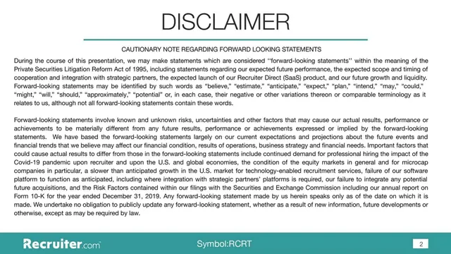 Disclaimer slide 2 from Recruiter.com Group, Inc.