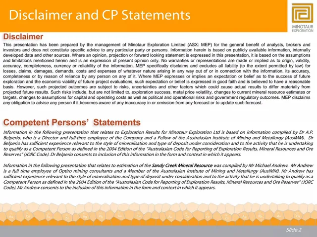 Disclaimer slide 2 from Minotaur Exploration Ltd