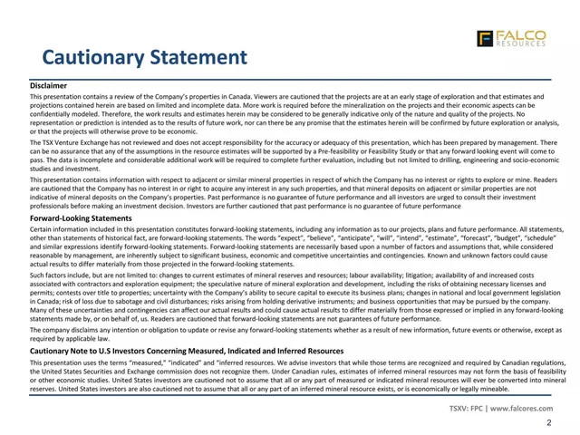 Disclaimer slide 2 from Falco Resources