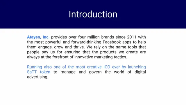 Company overview slide 2 from SaTT - ATAYEN