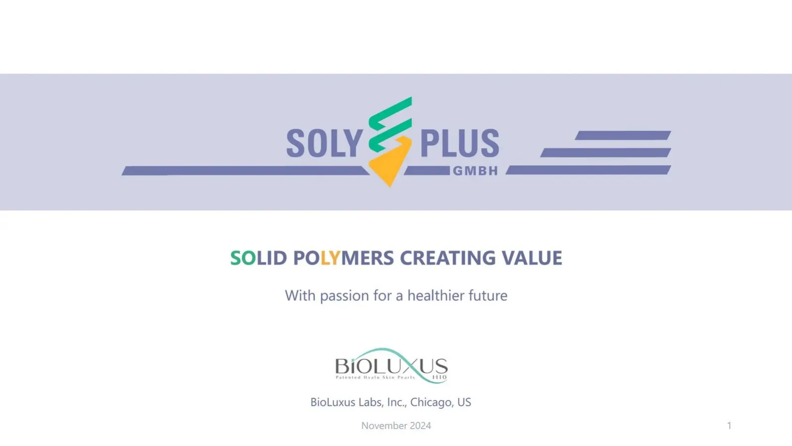 SolyPlus GmbH / BioLuxus Labs, Inc. pitch deck slide