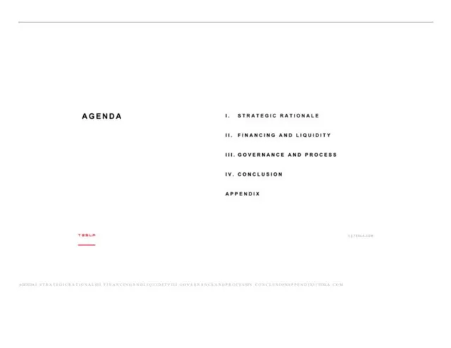 Agenda / contents slide 5 from Tesla × SolarCity Acquisition