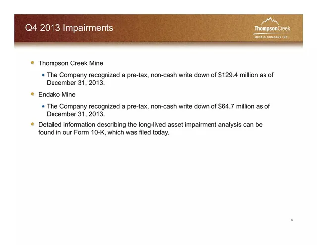 Financials slide 6 from Thompson Creek Metals Company Inc.