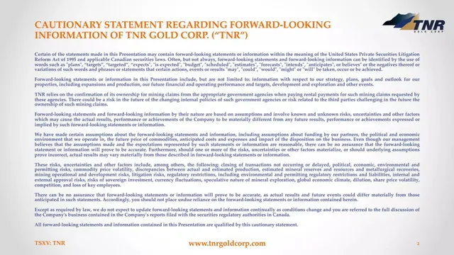 Disclaimer slide 2 from TNR Gold Corp.