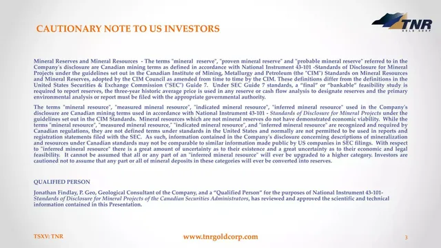 Disclaimer slide 3 from TNR Gold Corp.