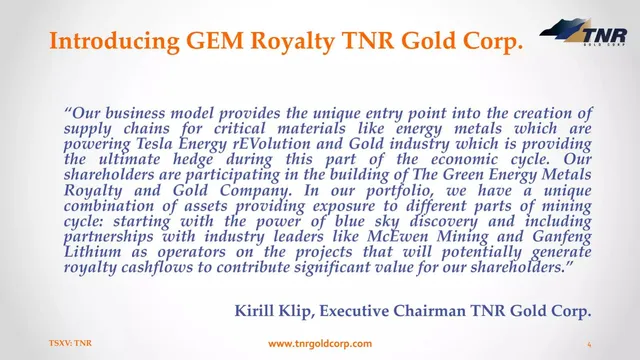 Business model / revenue streams slide 4 from TNR Gold Corp.