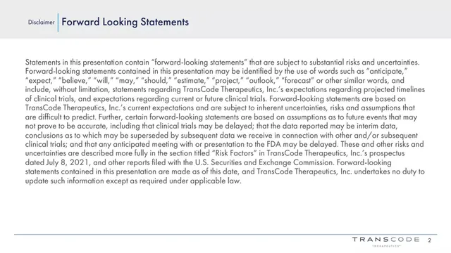 Disclaimer slide 2 from Trans Code Therapeutics