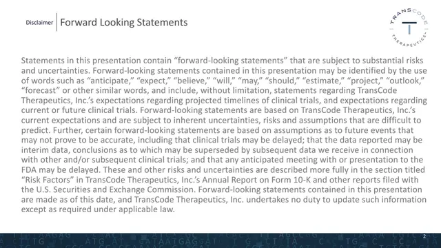 Disclaimer slide 2 from TransCode Therapeutics