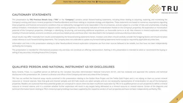 Disclaimer slide 2 from TRU Precious Metals Corp.