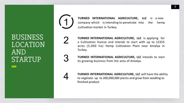 Company overview slide 5 from Turned International Agriculture LLC