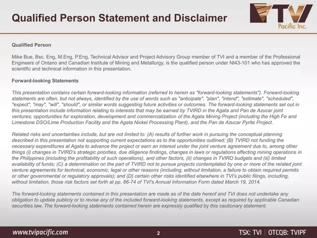 Disclaimer slide 2 from TVI Pacific Inc.