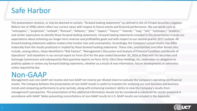 Disclaimer slide 2 from Ultra Clean Holdings, Inc. (UCT)