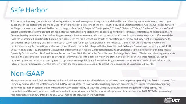 Disclaimer slide 2 from UCT (Ultra Clean Holdings)