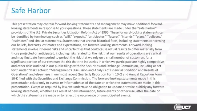 Disclaimer slide 2 from UCT (Ultra Clean Holdings)