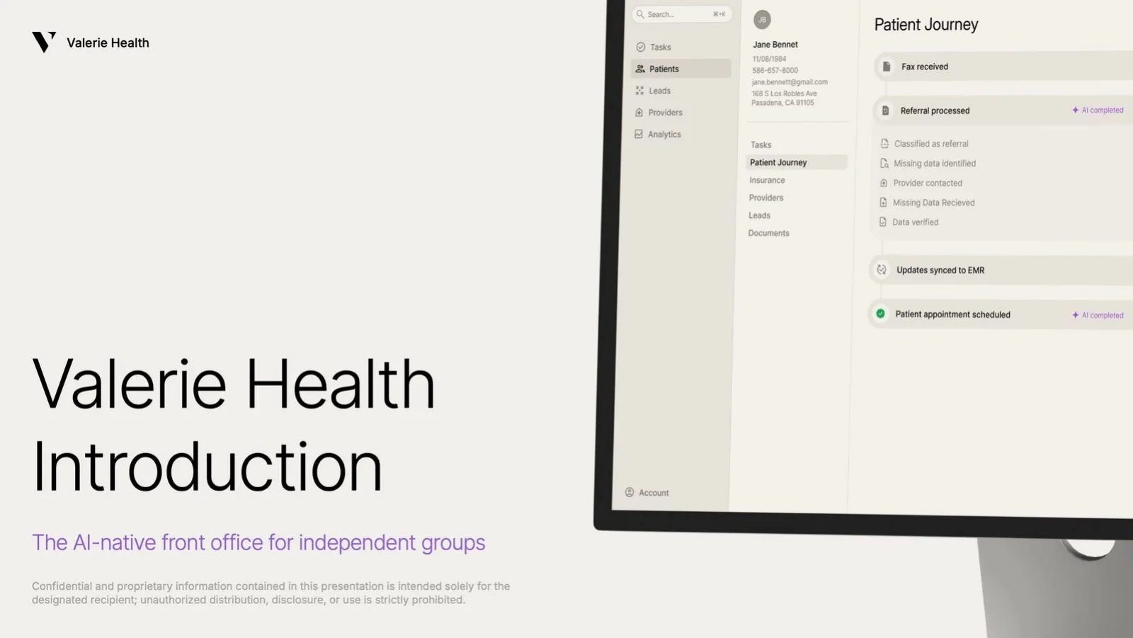 Valerie Health pitch deck slide