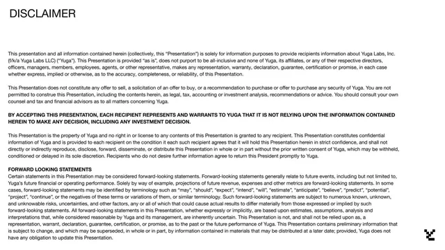 Disclaimer slide 2 from Yuga Labs